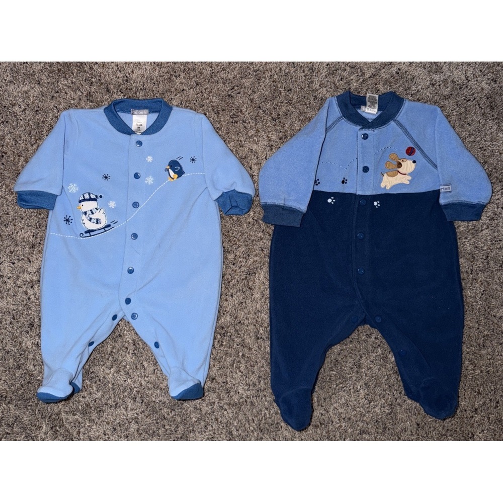 Carter's Baby Vintage Blue Fleece Snowman Puppy Footed Snap Up Sleepers NB/S‎
